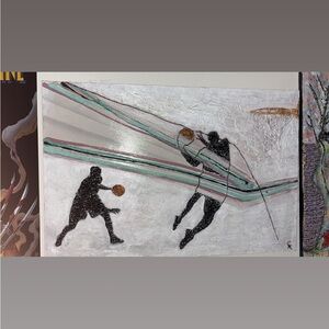 Textured Basketball Silhouette Wall Art in Black, White & Teal Accents